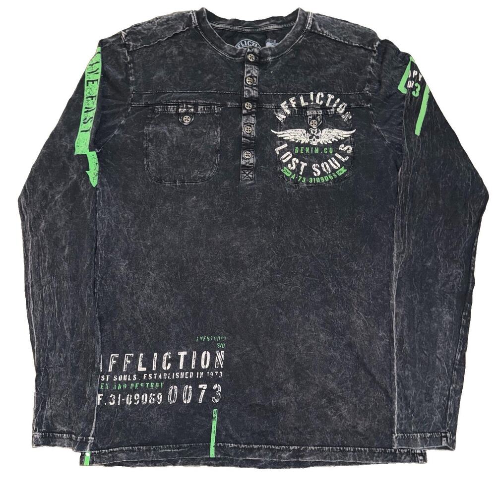 Affliction Skulls & Wings Biker T-Shirt Lost Souls Mens M Black Long Sleeve